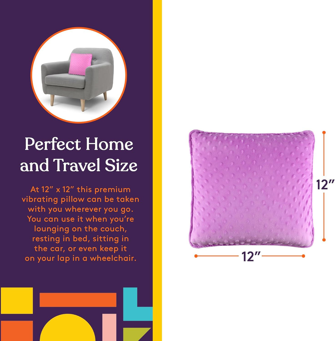 Sensory Vibrating Pillow for Kids and Adults 12" Plush Velvet Soft Cover with Textured Therapy Stimulation  HUG TO ACTIVATE   Purple