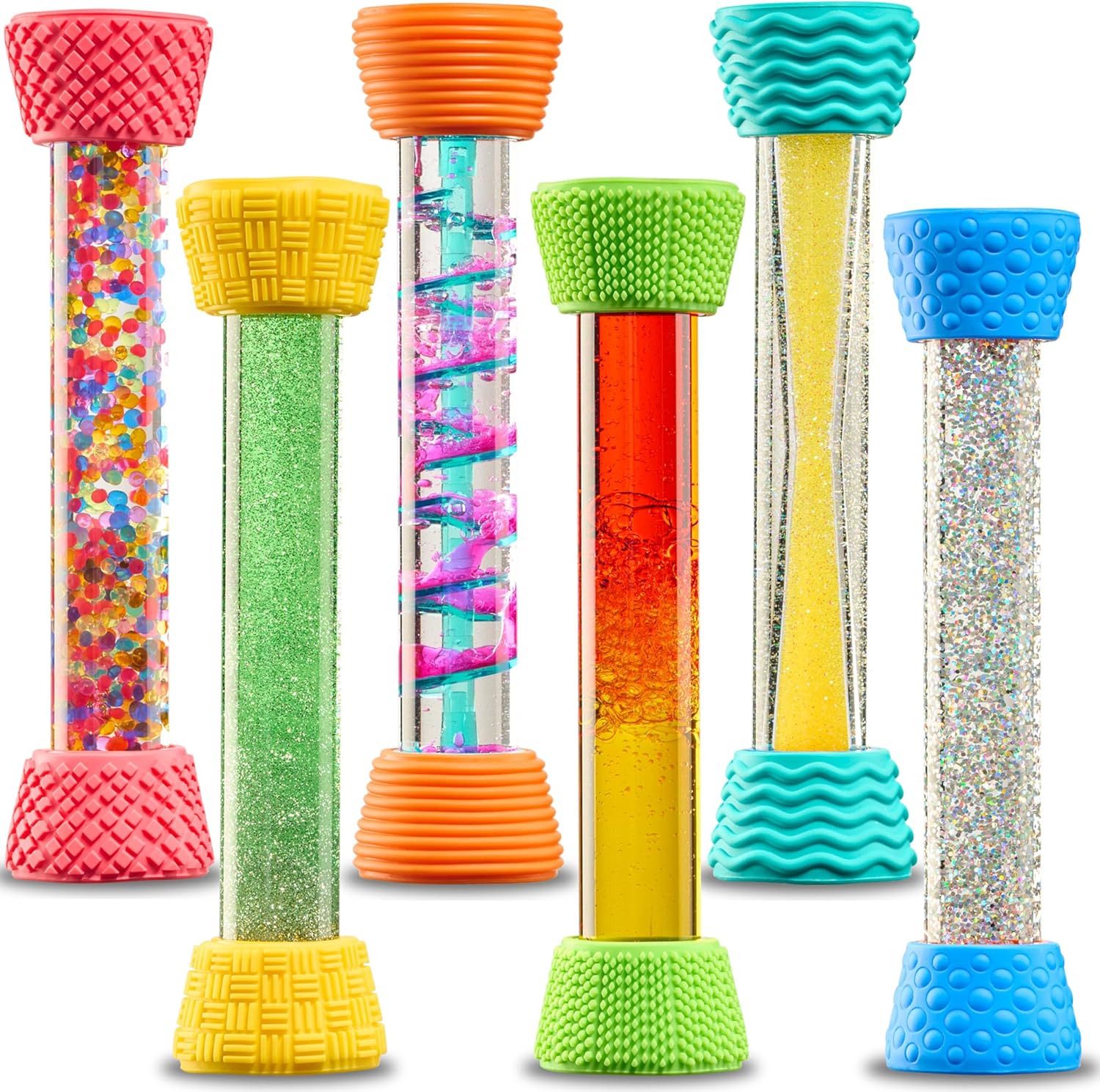 Special Supplies Liquid Motion Bubbler Toy Cool Tubes 6-Pack Colorful Hourglass Timer with Droplet Movement, Bedroom, Sensory Play, Cool Home or School, with Silicone Textured Covers