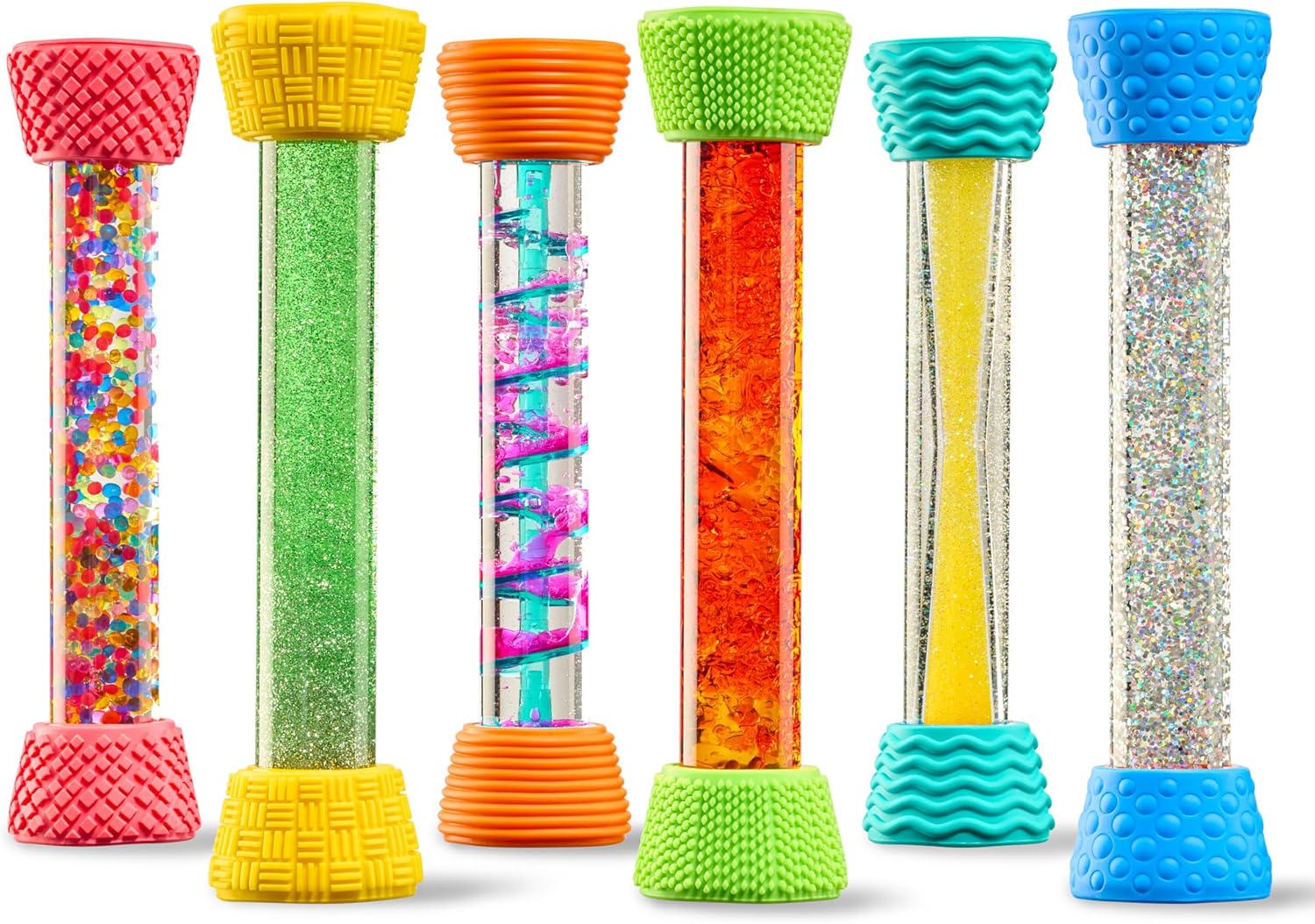 Special Supplies Liquid Motion Bubbler Toy Cool Tubes 6-Pack Colorful Hourglass Timer with Droplet Movement, Bedroom, Sensory Play, Cool Home or School, with Silicone Textured Covers