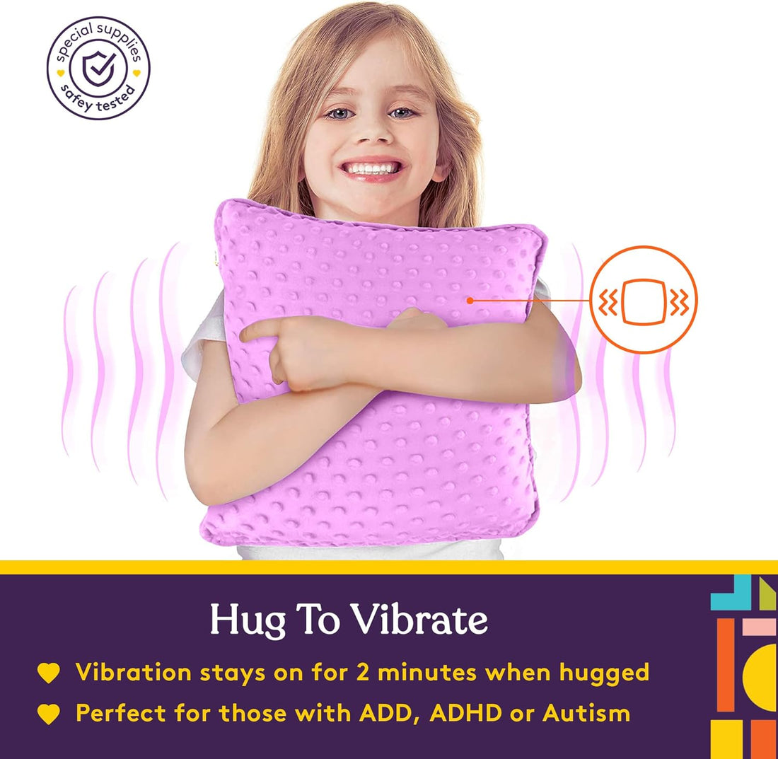 Sensory Vibrating Pillow for Kids and Adults 12" Plush Velvet Soft Cover with Textured Therapy Stimulation  HUG TO ACTIVATE   Purple