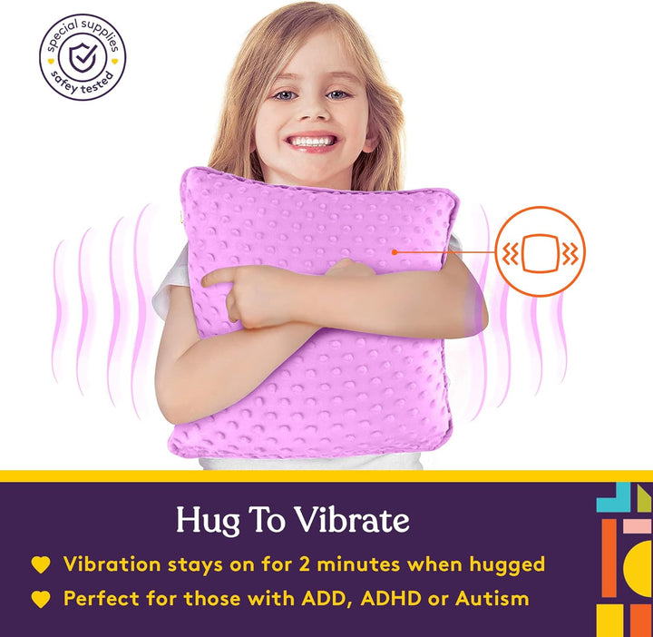 Sensory Vibrating Pillow for Kids and Adults 12" Plush Velvet Soft Cover with Textured Therapy Stimulation  HUG TO ACTIVATE   Purple