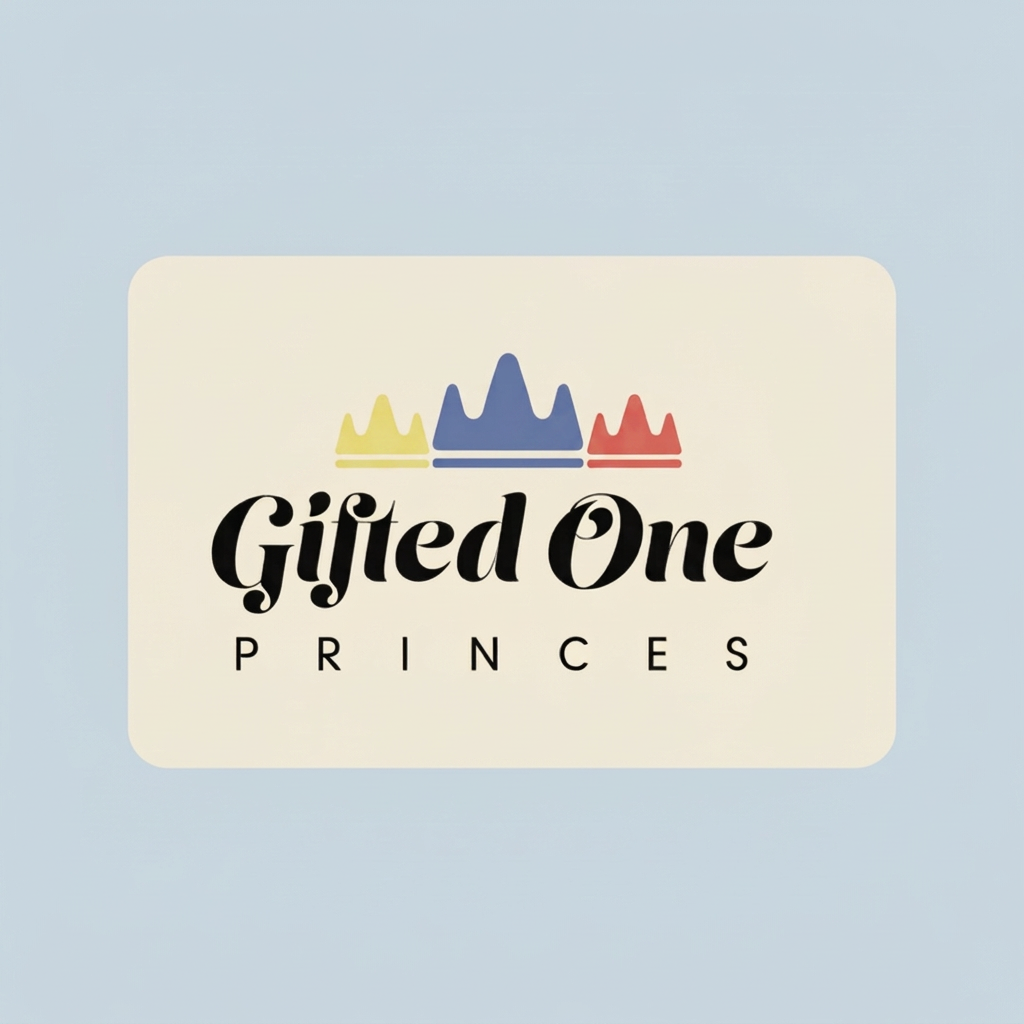 Gifted One Princes logo on an ivory card with a muted dusty blue square background